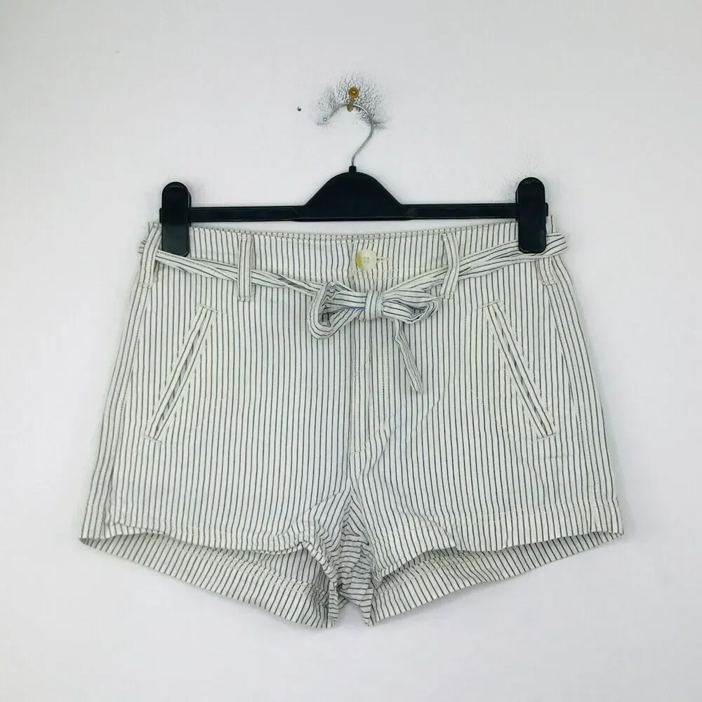 American Eagle Women's 2 Shorts White Blue Striped Hi-Rise Tie Waist Casual CE29